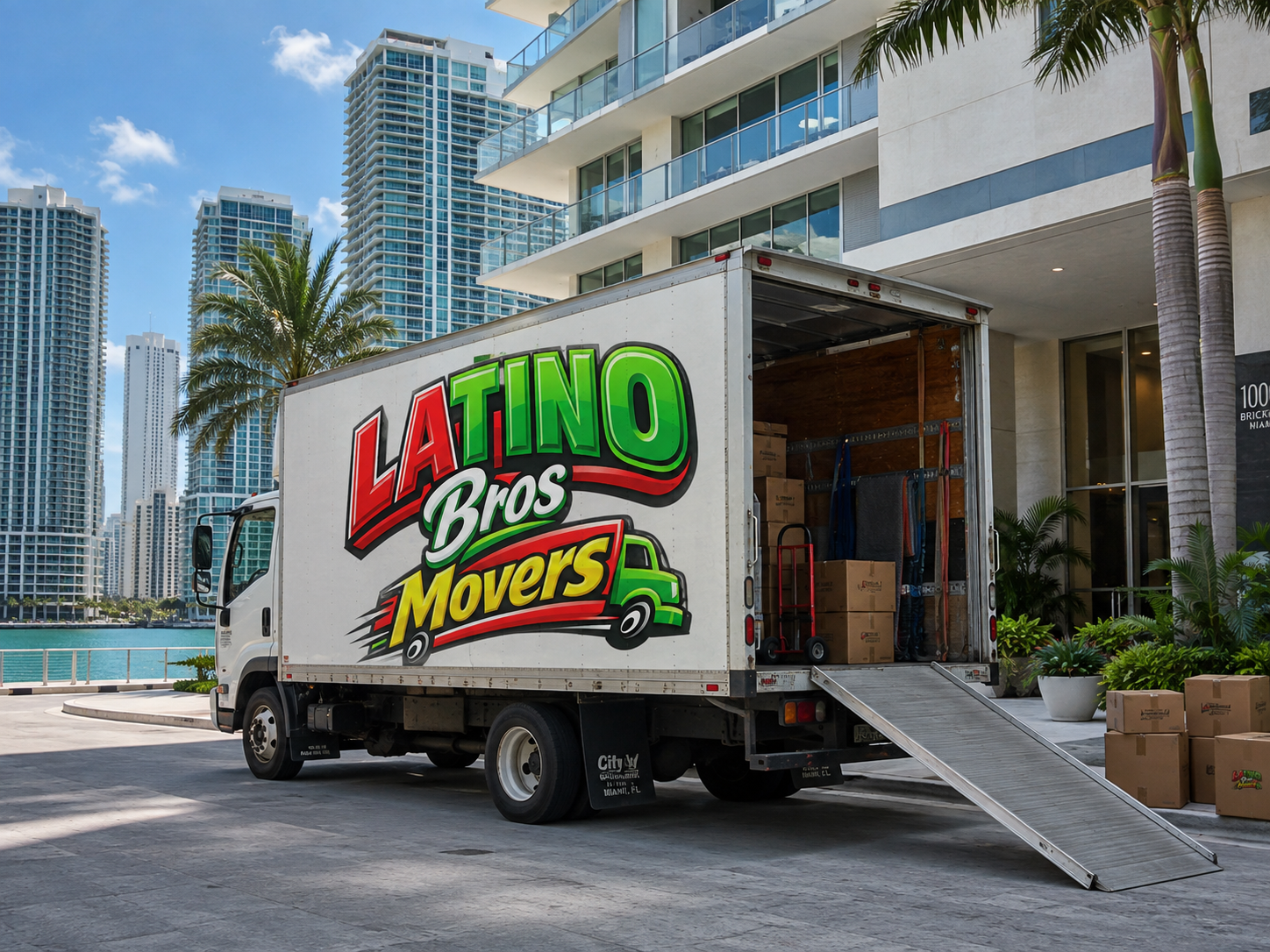 Latino Bros Movers branded moving truck loading boxes at a Brickell high-rise in Miami