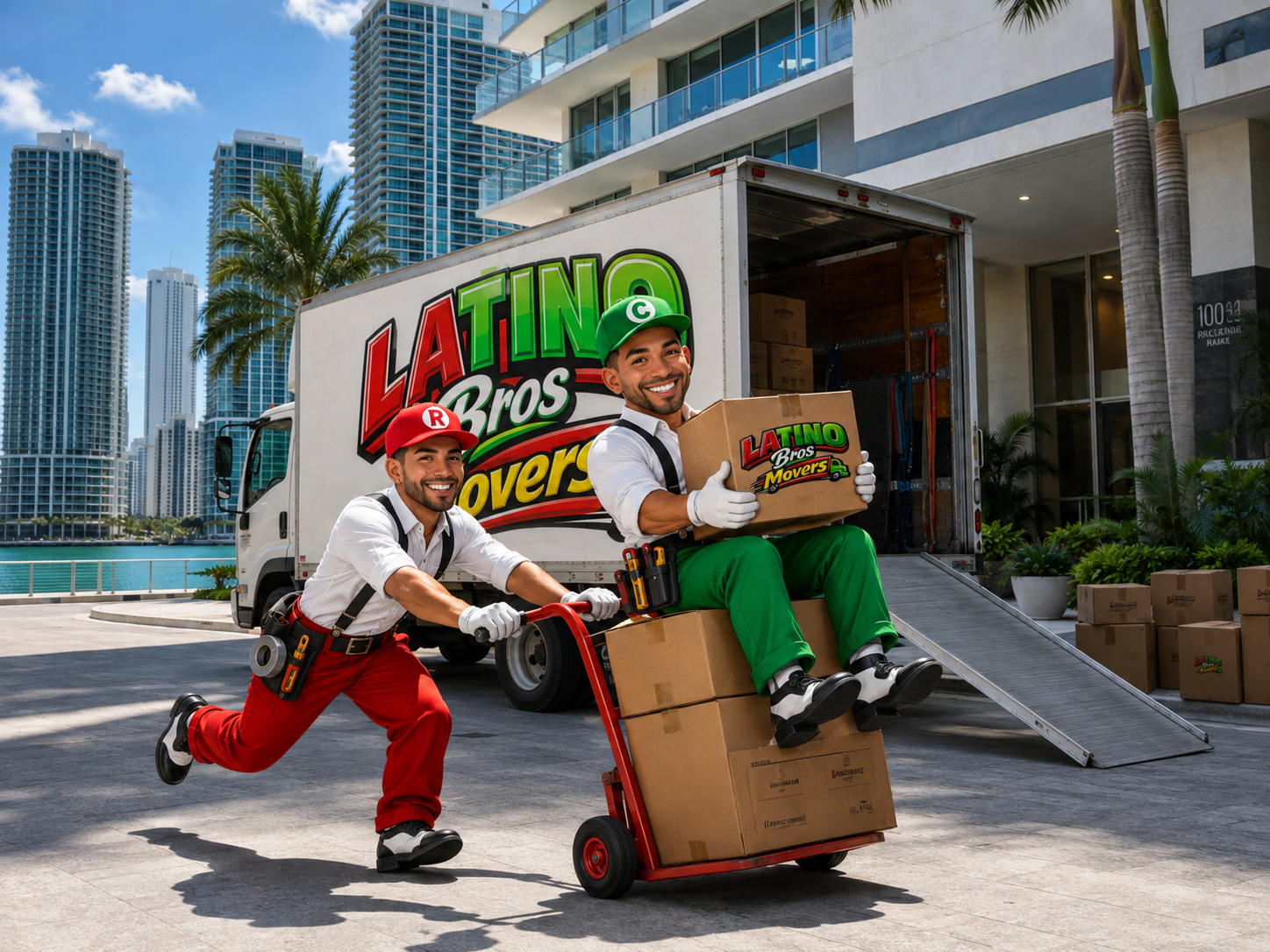 Latino Bros Movers crew loading boxes into the moving truck in Miami